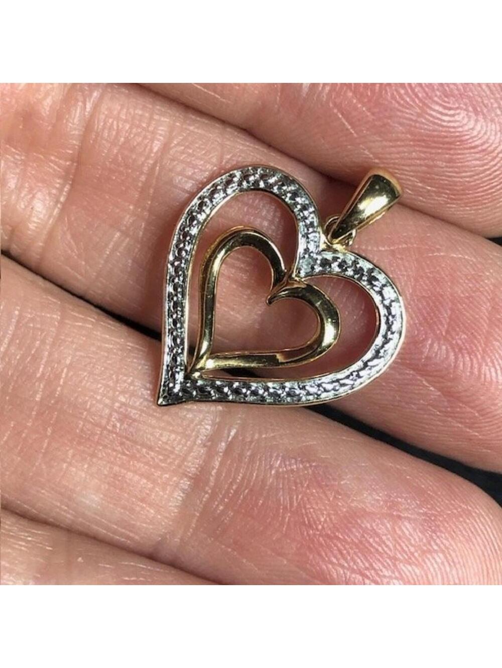 B2047 MC Vermeil Gold over sterling 925 Double Heart Pendant Two Tone Diamond